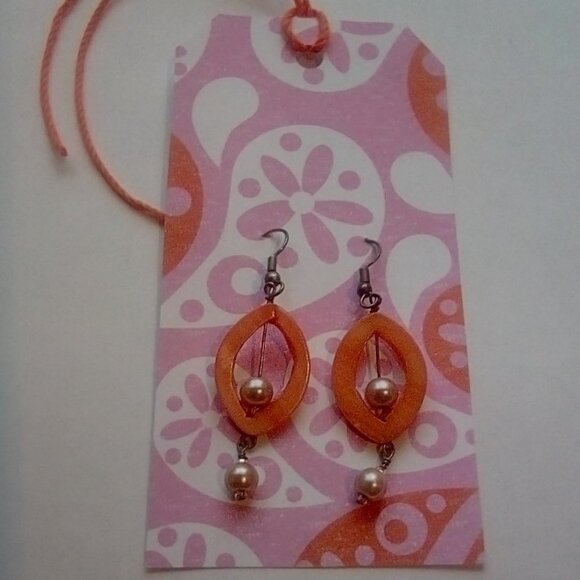 Orange Dangle Earrings Long Boho Style Acrylic with Faux Pearls Shepherd's Hook - Picture 2 of 2